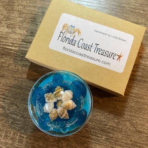 May include: A clear, round paperweight with a blue and turquoise design, filled with small seashells. The paperweight is next to a small, tan cardboard box with a label that reads "Florida Coast Treasure".
