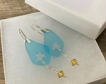 Beach Glass Drop Earrings, Sterling, Sea Turtle