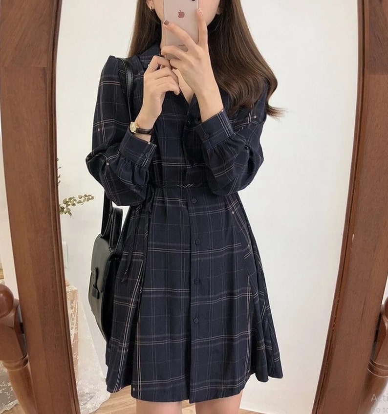 Vintage Dark Academia Clothing Plaid A line Modest Dresses With Belt Turndown Collar Fashion Cottage Core Dress 