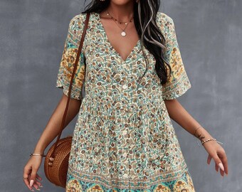 Boho Hippie Floral V Neck Loose Fit Short Sleeve Button Down Pockets Ruffle Short Women Dress Vintage Style Summer Dress Tunic Dress Gift