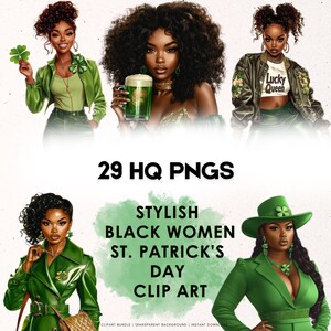 Paquete de imágenes prediseñadas del Día de San Patricio de mujeres negras elegantes: 29 imágenes PNG, 4096 x 4096 px, 300 DPI, descarga instantánea