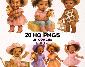 May include: Watercolor illustrations of young children dressed as cowgirls, wearing cowboy hats and boots. Some are holding toy horses or riding in a wagon. The text "20 HQ PNGS LIL' COWGIRL CLIP ART" is displayed.