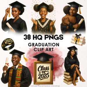 Graduation Clipart Bundle – Black Excellence Edition | 38 PNG Images | 300 DPI | Instant Download