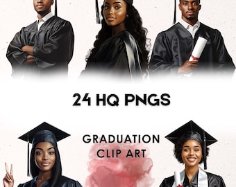 Graduation Clip Art Bundle Black Men & Women | 24 High Quality PNGs | 4096x4096px 300 DPI | Instant Download | Transparent Background