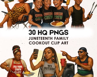 Juneteenth Clipart Bundle – Black Family Cookout | 30 PNGs | Funny Spades, Food, Quotes & More | Digital Download
