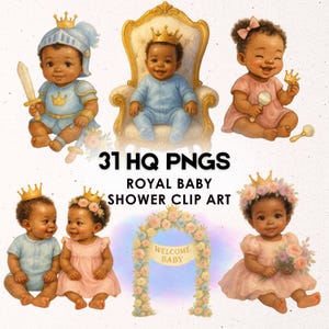 Little Royalty ベビーシャワー用クリップアートバンドル、黒の王子様と王女様の PNG、性別発表会や保育室の装飾に使える王冠ベビー用クリップアート