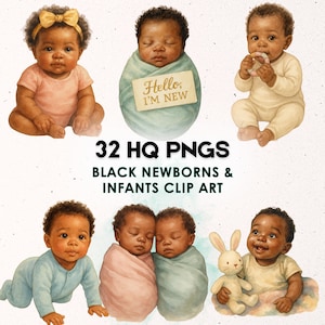 Adorable Black Newborns & Infants Clipart | 32 PNG Baby Illustrations | African American Baby Clipart for Nursery and Baby Shower Designs