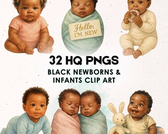 Schattige zwarte clipart voor pasgeborenen en baby's | 32 png-babyillustraties | Afro-Amerikaanse babyclipart voor ontwerpen voor babykamers en babyshowers