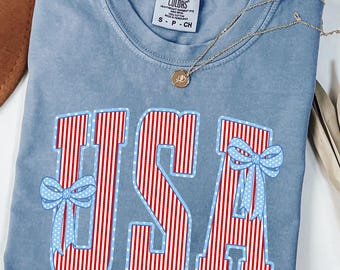 Comfort Colors® USA Bow Shirt, Patriotic Coquette Fourth of July Tee, Vintage America Graphic T-Shirt, USA Independence Day Shirt