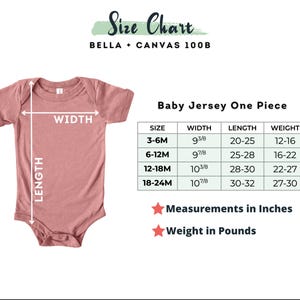 a baby bodysuit with measurements for the size of it