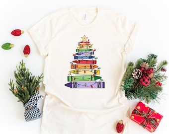 Crayons Christmas Tree Shirt, Colorful Christmas Tree T-shirt, Teacher Christmas T-shirt, Christmas Tree of Colors, Art Teacher Gift