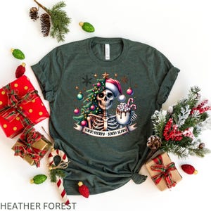 Sorta Merry Sorta Scary Christmas T-Shirt, Spooky Season Christmas Tee, Christmas Party Shirt, Funny Christmas Tee, Skeleton Loves Hot Cocoa