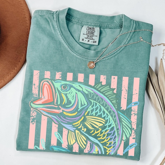Rero Bass Fish Shirt, Pastel Striped Fishing Graphic Tee, Fisherman Gift, Lake Life T-Shirt, Coastal Summer Tee