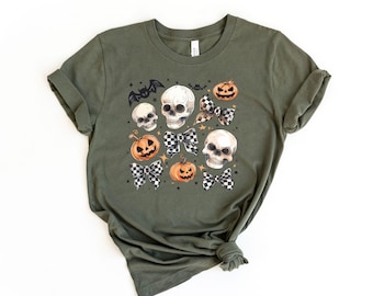 Camisa de Halloween con lazo negro y calavera, camisa retro de Halloween, camisa de Halloween para mujer, disfraz de Halloween, camisa de otoño, camiseta de temporada espeluznante, calabaza