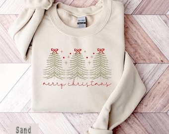 Merry Christmas Embroidered Sweatshirt, Christmas Trees Jumper, Cute Christmas Hoodie, Holiday Crewneck Gift, Family Christmas Jumper