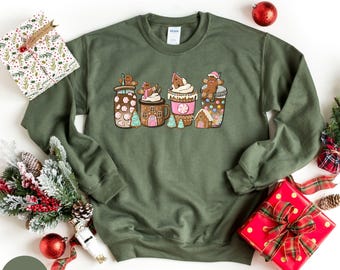 Pink Gingerbread Christmas Coffee Sweatshirt, Women Holiday Sweater, Xmas Tee, Coffee Lover Gift, Latte Drink Crewneck, Winter Coffee Hoodie