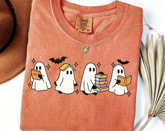 Comfort Colors® Ghost Reading Books Shirt, Bookish Halloween Shirt, Teacher Librarian Halloween Gift, Halloween Book Lover, Halloween School