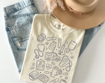 Medical Doodles Shirt, Hand Drawn Doodle Sweatshirt, Healthcare, RN, Nursing, Doctor Gift, Whimsical Minimalist Medical School Student Shirt