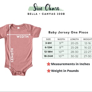 a baby bodysuit with measurements for the size of it