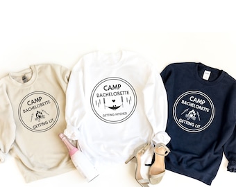 Camp Bachelorette Sweatshirt, Getting Hitched Getting Lit Sweater, Mountain Hiking Bachelorette Sweat, Bride  Sweatshirt, Gift for Bride