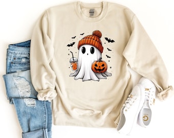 Cute Halloween Ghost Sweatshirt, Little Ghost Coffee Hoodie, Halloween Sweatshirt, Ghost Sweatshirt,Spooky Season Sweatshirt,Halloween Party