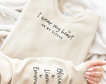 Mother Day Gift, Custom Mom Shirt With Kids Names, Custom Mama Sweatshirt, Personalized Mother's Day Gifts, I Wear My Heart On My Sleeve