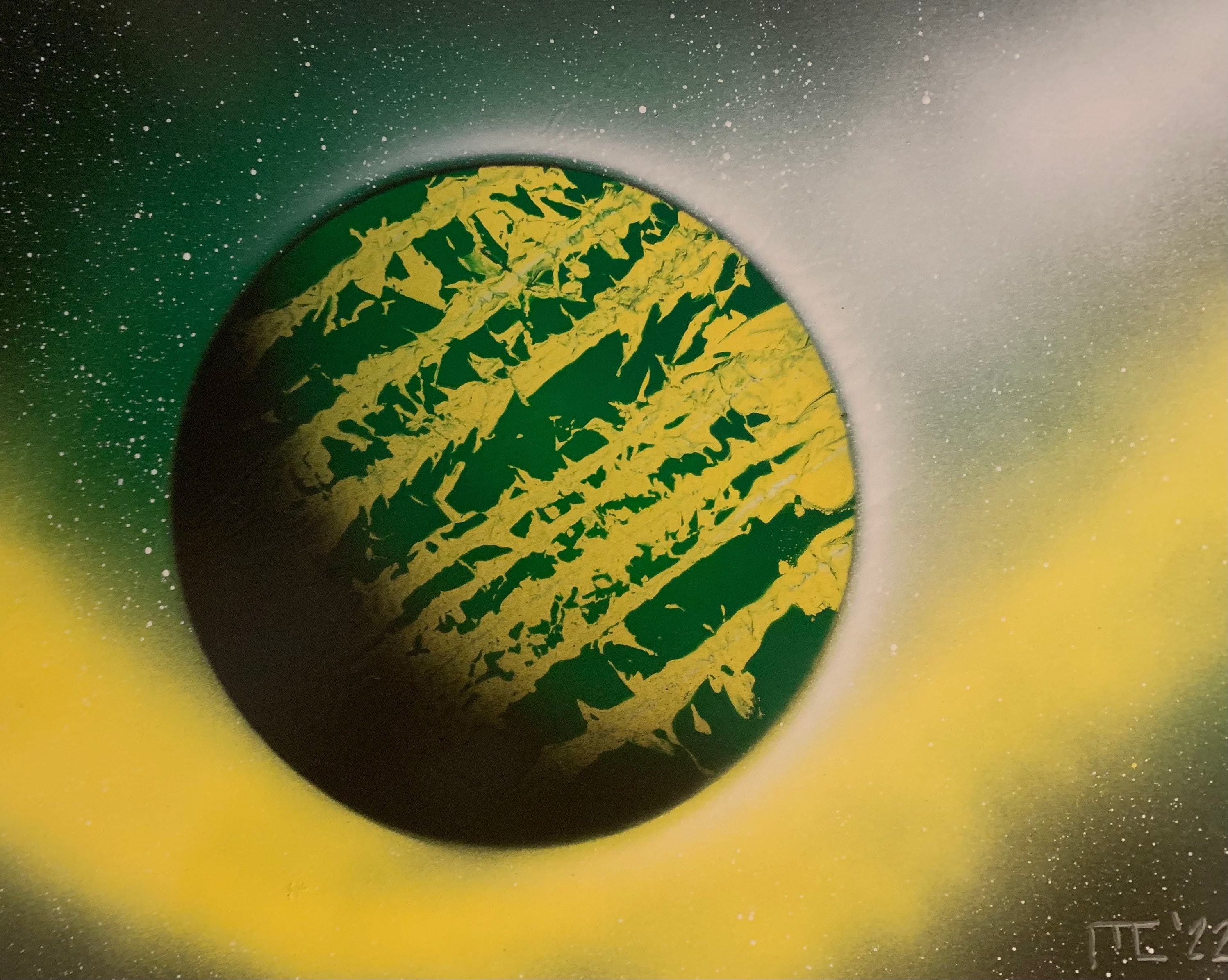 Green and Yellow Planet 11x14'' Heavy Poster Board Custom Spray Painted and  Sealed 