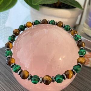 Handmade Malachite, Tiger Eye & Hematite Gemstone Bracelet