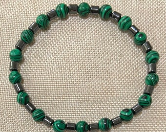 Bracelet en malachite et hématite, fait main, bracelet en perles extensibles de pierres précieuses véritables de 6 mm pour la guérison et la protection spirituelles