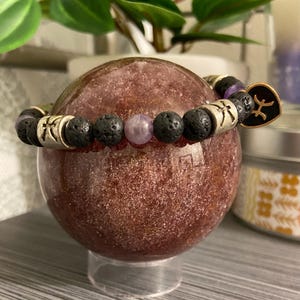 Pisces Zodiac Charm Bracelet: Handmade Amethyst & Lava Stone