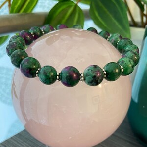 Ruby in Zoisite Gemstone Bracelet: Handmade 8mm Beaded Stretch Bracelet