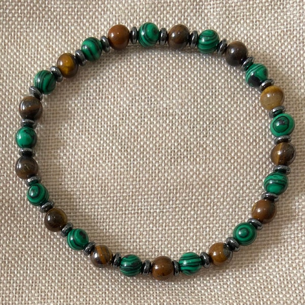 Malachite, Tiger Eye and Hematite Bracelet, handmade 6mm genuine gemstone stretch beaded bracelet for spiritual protection