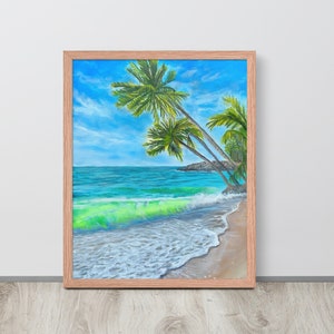 Framed Tropical Ocean and Palm Trees Beach Art print of my original painting