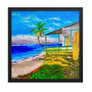 Seaside Escape  ~  Framed ocean art print of my original painting ~ Cabin by the Sea