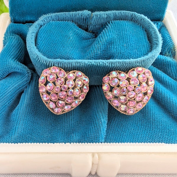 Signed Hollycraft Pink Rhinestone Heart Clip On Earrings for Mother's Day, Valentine's, Birthdays, Anniversaries