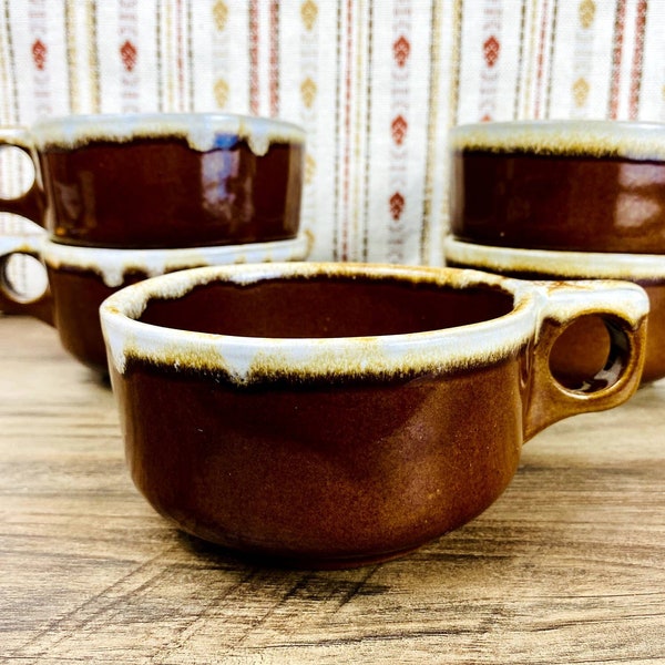 Western Stoneware Soup Mug, Brown Drip Glaze, Soup Bowl with Handle, Vintage Soup Cup, Log Cabin, Farmhouse Kitchen, Handled Chilli Bowl