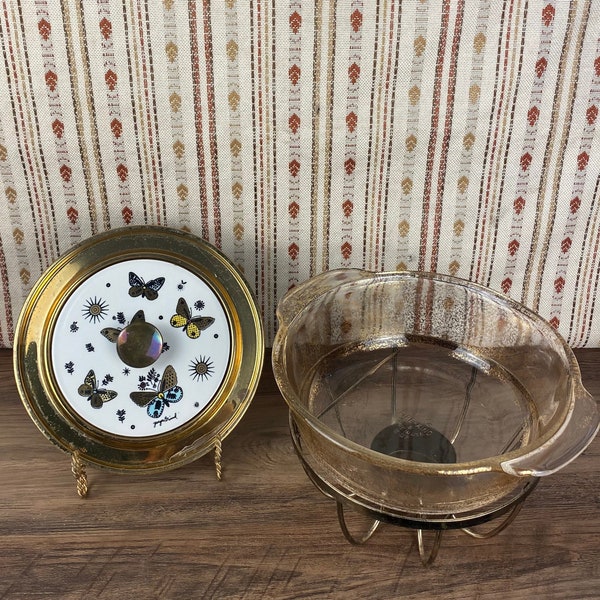 George Briard Butterfly Casserole Lid with Gold Speckled Fire King Casserole and Sterno Stand, Covered Chafing Dish