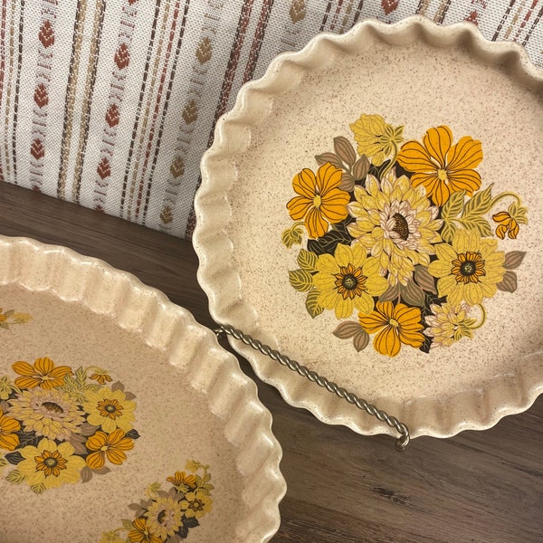 Vintage Baking Dishes, Mid Century Floral, Speckled Stoneware, Fluted Pie Pan, Scalloped Plate, Oval Casserole Dish, Ulster Ceramics