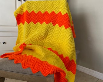 Crochet Afghan Throw Blanket, Bright Orange and Yellow Chevron Pattern, 54” x 37”