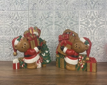 Holiday Teddy Bear Burwood wall Plaques, 90s Vintage Plastic Wall Hangings