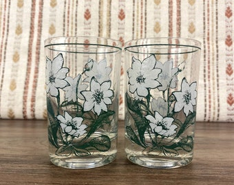 Noritake Mountain Floral Juice Glass, Tweedy's Lewishia, Green Flowers 4 Oz Glasses, Vintage 70s Glassware, Mid Century Modern