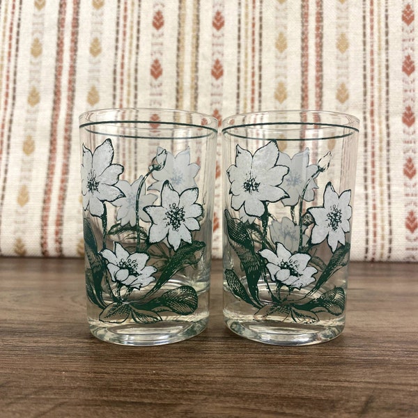 Noritake Mountain Floral Juice Glass, Tweedy's Lewishia, Green Flowers 4 Oz Glasses, Vintage 70s Glassware, Mid Century Modern