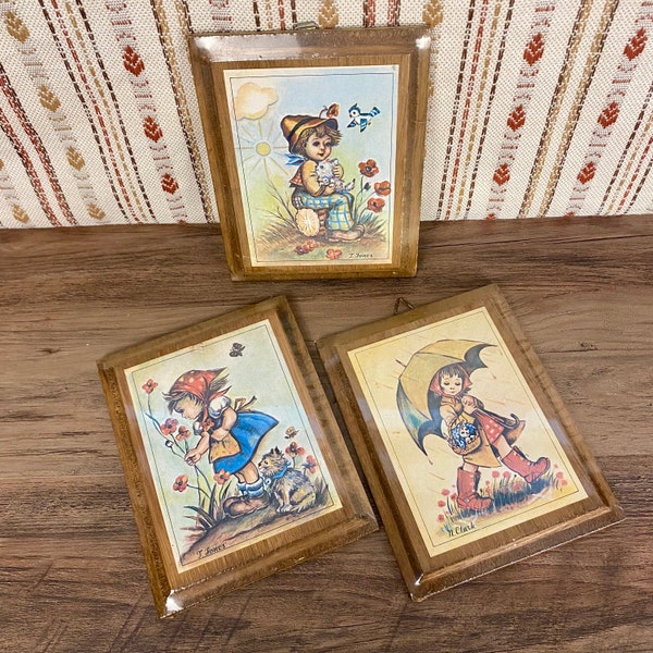 Set of 3 vintage mid century wall plaques, prints on pressed wood, kitschy boy and girl in nature, cottagecore style, vintage wall decor