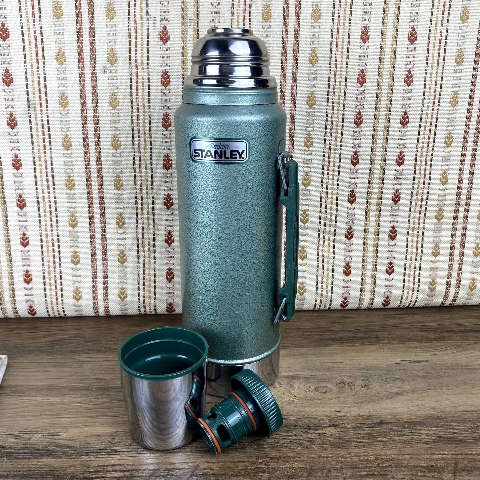 Vintage Aladdin Stanley Green Steel Thermos A-944DH Handle Stopper 1Qt USA  Made