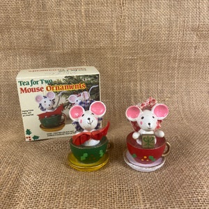 80s Christmas Ornaments, 1983 Tea for Two Mouse Ornaments, Wooden Tea Cup Mice, Giftco Inc, Made in Taiwan