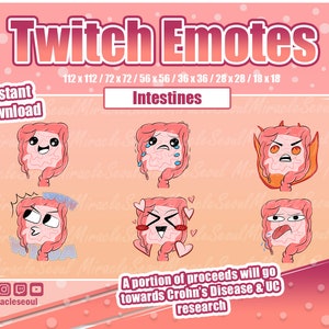 Kawaii Cute CD & UC Intestines Emotes/Sub Badges/Bits Twitch/Youtube/Facebook Crohn&#39;s Disease Ulcerative Colitis Awareness