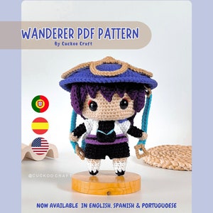 May include: Crochet pattern for a Wanderer character from the video game Genshin Impact. The pattern is available in English, Spanish, and Portuguese. The image shows a crocheted amigurumi doll of the Wanderer character.