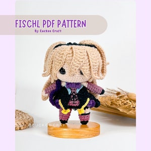 May include: Crochet pattern for a character from the video game Genshin Impact. The character is a young woman with blonde hair, wearing a black and purple outfit. The pattern is available as a PDF download. The image shows a completed crochet doll of the character.