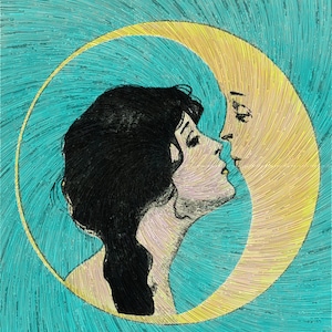 Vintage Woman Kissing Moon, Giclee Wall Art Prin,t Woman Kissing Moon, Moon Kiss, Moon Wall Art, Whimsical Victorian Art, Antique Wall Decor