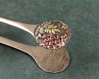 Ultra Fine Antique Japanese Silver Ice Tongs By Sanju Saku, Yokohama - Enamel Wisteria Design c.1900